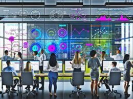 Marketing-Profis analysieren KPIs und Dashboards an großen Monitoren in einem hochmodernen Büro, umgeben von Whiteboards mit Metriken, digitalen Popups und Server-Symbolen.