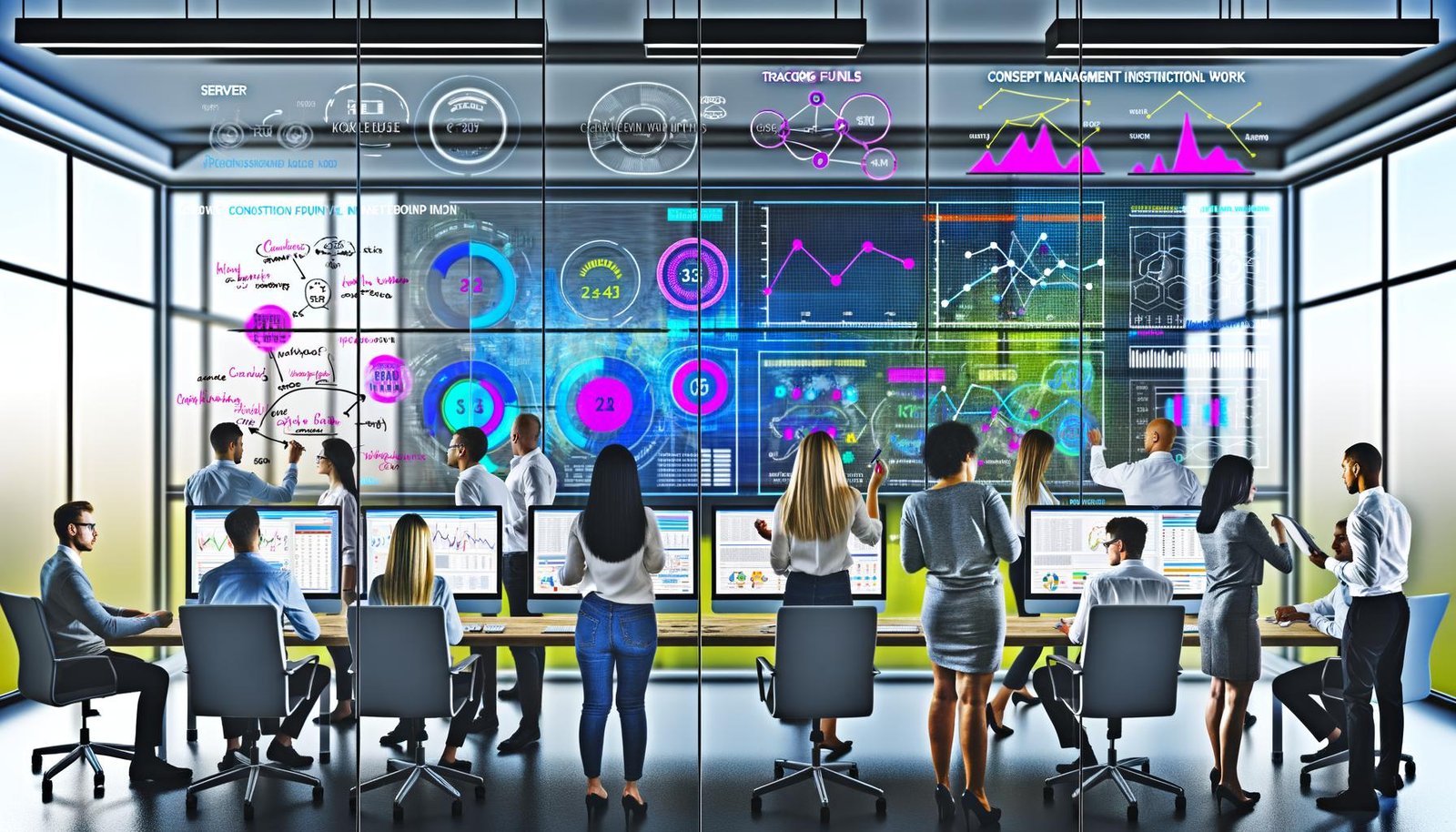 Marketing-Profis analysieren KPIs und Dashboards an großen Monitoren in einem hochmodernen Büro, umgeben von Whiteboards mit Metriken, digitalen Popups und Server-Symbolen.