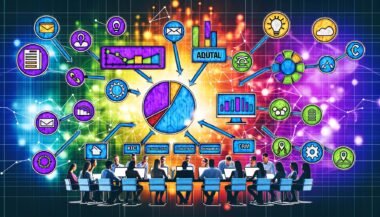 Illustration eines modernen, diversen Data-Driven Marketing-Teams vor einem detailreichen Dashboard mit Daten-Widgets und Verknüpfungen zu Analyse- und Marketing-Tools im Symbolstil.