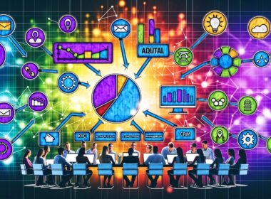 Illustration eines modernen, diversen Data-Driven Marketing-Teams vor einem detailreichen Dashboard mit Daten-Widgets und Verknüpfungen zu Analyse- und Marketing-Tools im Symbolstil.