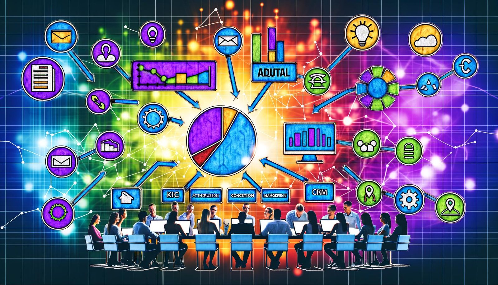 Illustration eines modernen, diversen Data-Driven Marketing-Teams vor einem detailreichen Dashboard mit Daten-Widgets und Verknüpfungen zu Analyse- und Marketing-Tools im Symbolstil.