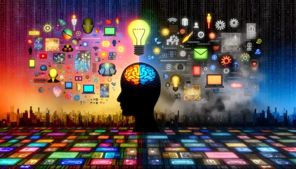 Dramatische Gegenüberstellung eines menschlichen und eines KI-Gesichts, kreative Icons und algorithmische Symbole prallen aufeinander. Weitere Bildmotive zeigen Roboter im Büro, uniforme Social Feeds, Prompt Engineering als Kunst, gegensätzliche Marketingteams, zentrale KI-Tools und eine Brücke zwischen Algorithmus und Kreativität.