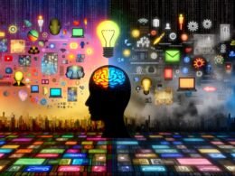 Dramatische Gegenüberstellung eines menschlichen und eines KI-Gesichts, kreative Icons und algorithmische Symbole prallen aufeinander. Weitere Bildmotive zeigen Roboter im Büro, uniforme Social Feeds, Prompt Engineering als Kunst, gegensätzliche Marketingteams, zentrale KI-Tools und eine Brücke zwischen Algorithmus und Kreativität.
