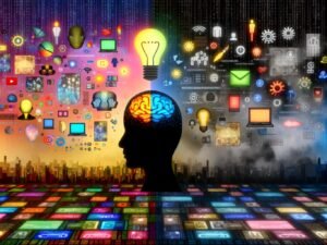 Dramatische Gegenüberstellung eines menschlichen und eines KI-Gesichts, kreative Icons und algorithmische Symbole prallen aufeinander. Weitere Bildmotive zeigen Roboter im Büro, uniforme Social Feeds, Prompt Engineering als Kunst, gegensätzliche Marketingteams, zentrale KI-Tools und eine Brücke zwischen Algorithmus und Kreativität.