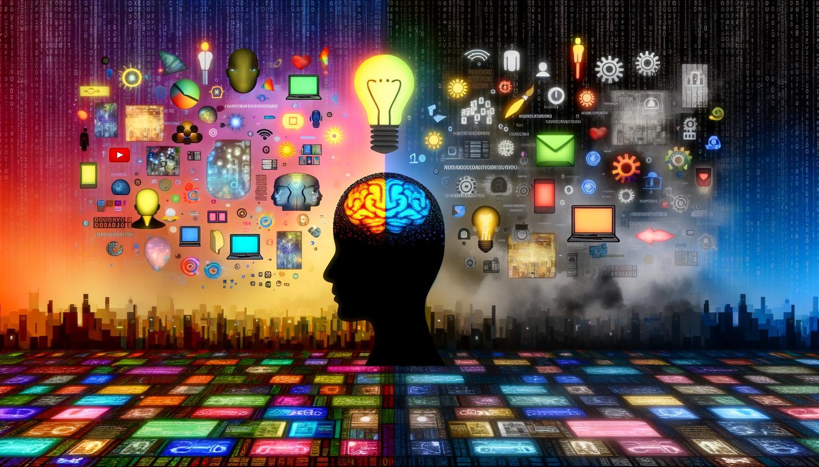 Dramatische Gegenüberstellung eines menschlichen und eines KI-Gesichts, kreative Icons und algorithmische Symbole prallen aufeinander. Weitere Bildmotive zeigen Roboter im Büro, uniforme Social Feeds, Prompt Engineering als Kunst, gegensätzliche Marketingteams, zentrale KI-Tools und eine Brücke zwischen Algorithmus und Kreativität.