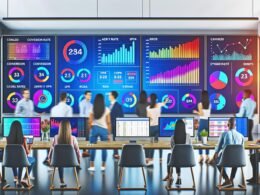 Modernes Marketing-Office mit bunten KPI-Dashboards, auf denen wichtige Kennzahlen wie Conversion Rate, CPA und ROAS hervorgehoben sind. Experten diskutieren und analysieren Diagramme in einer technisch orientierten Atmosphäre.