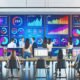 Modernes Marketing-Office mit bunten KPI-Dashboards, auf denen wichtige Kennzahlen wie Conversion Rate, CPA und ROAS hervorgehoben sind. Experten diskutieren und analysieren Diagramme in einer technisch orientierten Atmosphäre.