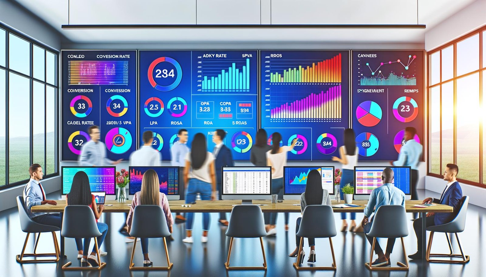 Modernes Marketing-Office mit bunten KPI-Dashboards, auf denen wichtige Kennzahlen wie Conversion Rate, CPA und ROAS hervorgehoben sind. Experten diskutieren und analysieren Diagramme in einer technisch orientierten Atmosphäre.