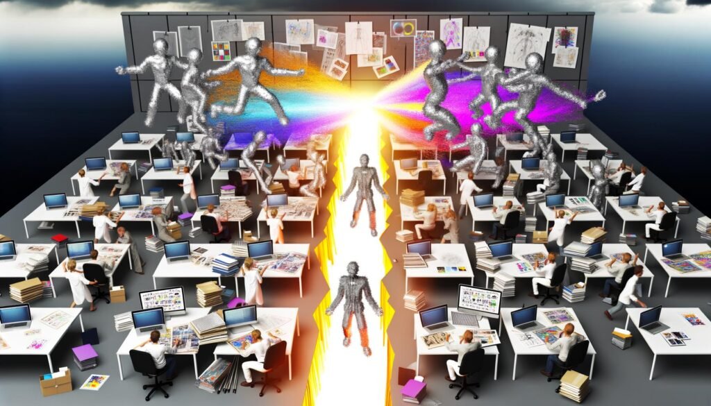 Szene in einem kreativen Studio: silberne Roboter produzieren massenhaft generische Grafiken, während bunte, kreative Menschen analoge Ideen auf Moodboards verteidigen. Ein glühender Riss spaltet das Bild.