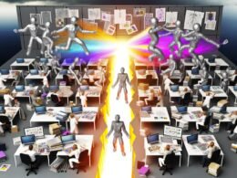 Szene in einem kreativen Studio: silberne Roboter produzieren massenhaft generische Grafiken, während bunte, kreative Menschen analoge Ideen auf Moodboards verteidigen. Ein glühender Riss spaltet das Bild.