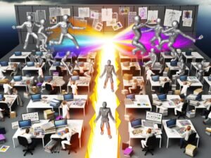 Szene in einem kreativen Studio: silberne Roboter produzieren massenhaft generische Grafiken, während bunte, kreative Menschen analoge Ideen auf Moodboards verteidigen. Ein glühender Riss spaltet das Bild.