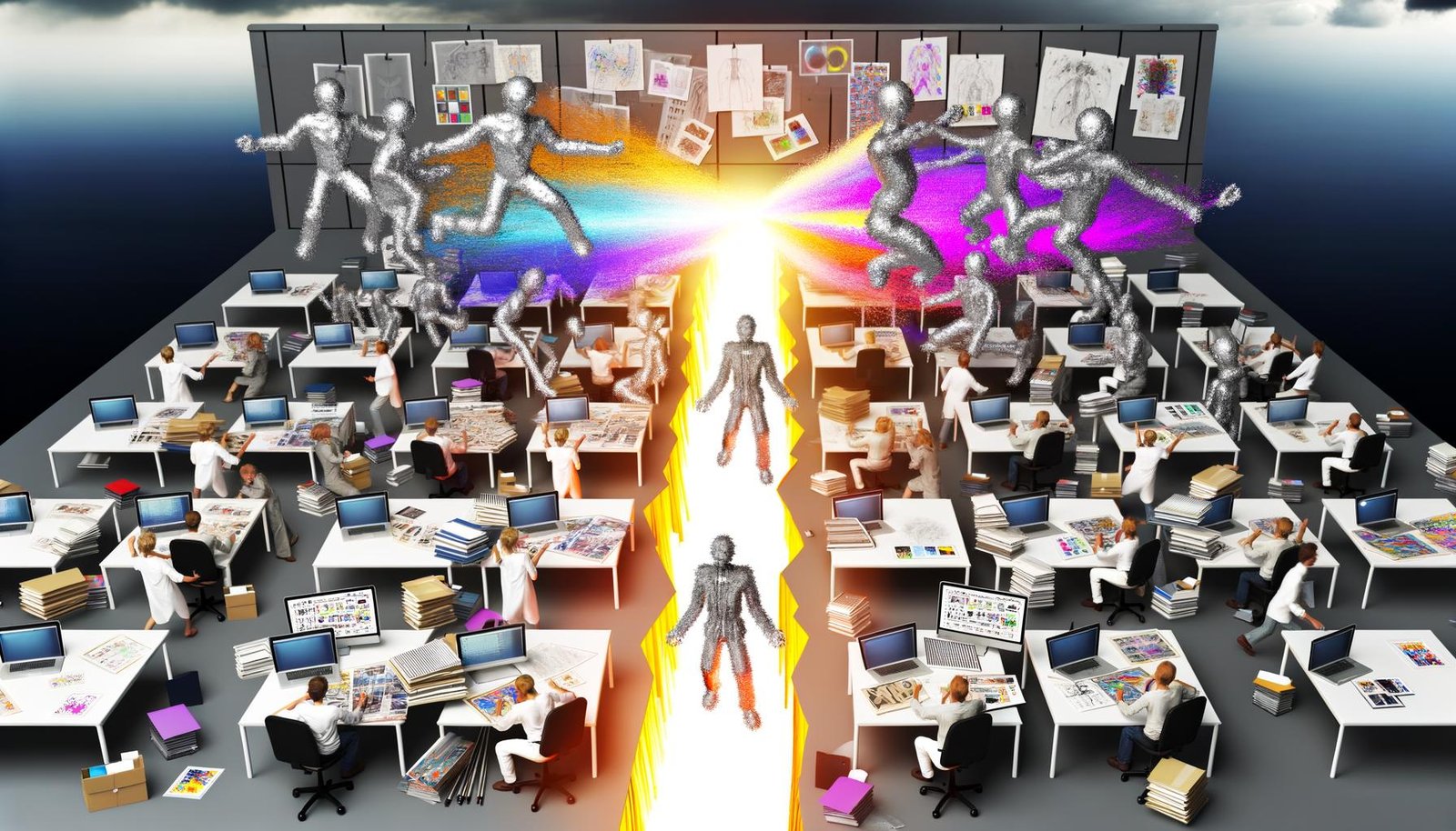 Szene in einem kreativen Studio: silberne Roboter produzieren massenhaft generische Grafiken, während bunte, kreative Menschen analoge Ideen auf Moodboards verteidigen. Ein glühender Riss spaltet das Bild.