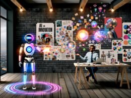 Futuristische Szene: Mensch und humanoider Roboter beim Brainstorming mit Hologramm-Ideen im modernen Loft-Büro, umgeben von bunten Notizen und inspirierenden Postern.