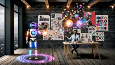 Futuristische Szene: Mensch und humanoider Roboter beim Brainstorming mit Hologramm-Ideen im modernen Loft-Büro, umgeben von bunten Notizen und inspirierenden Postern.