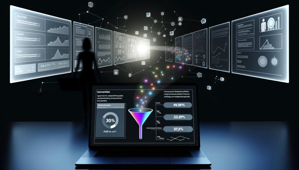 Moderne Darkmode-Illustration eines Laptop-Bildschirms mit Mixpanel Funnel-Report, farbigen Conversion-Stufen, Drop-offs, User-Journey-Linie und einem Marketer, der die Daten analysiert, vor weiteren Monitoren.