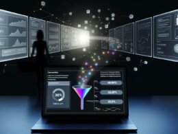 Moderne Darkmode-Illustration eines Laptop-Bildschirms mit Mixpanel Funnel-Report, farbigen Conversion-Stufen, Drop-offs, User-Journey-Linie und einem Marketer, der die Daten analysiert, vor weiteren Monitoren.