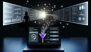 Moderne Darkmode-Illustration eines Laptop-Bildschirms mit Mixpanel Funnel-Report, farbigen Conversion-Stufen, Drop-offs, User-Journey-Linie und einem Marketer, der die Daten analysiert, vor weiteren Monitoren.