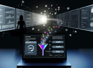 Moderne Darkmode-Illustration eines Laptop-Bildschirms mit Mixpanel Funnel-Report, farbigen Conversion-Stufen, Drop-offs, User-Journey-Linie und einem Marketer, der die Daten analysiert, vor weiteren Monitoren.
