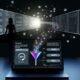 Moderne Darkmode-Illustration eines Laptop-Bildschirms mit Mixpanel Funnel-Report, farbigen Conversion-Stufen, Drop-offs, User-Journey-Linie und einem Marketer, der die Daten analysiert, vor weiteren Monitoren.