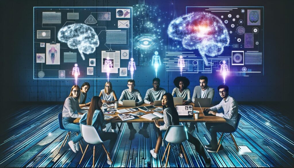 Junge kreative Menschen arbeiten gemeinsam an Laptops und Tablets, umgeben von holografischen Schnittstellen, KI-generierten Inhalten und pulsierenden neuronalen Netzwerken in einem futuristischen Redaktionsraum.