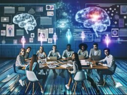 Junge kreative Menschen arbeiten gemeinsam an Laptops und Tablets, umgeben von holografischen Schnittstellen, KI-generierten Inhalten und pulsierenden neuronalen Netzwerken in einem futuristischen Redaktionsraum.