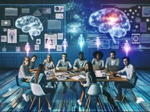 Junge kreative Menschen arbeiten gemeinsam an Laptops und Tablets, umgeben von holografischen Schnittstellen, KI-generierten Inhalten und pulsierenden neuronalen Netzwerken in einem futuristischen Redaktionsraum.