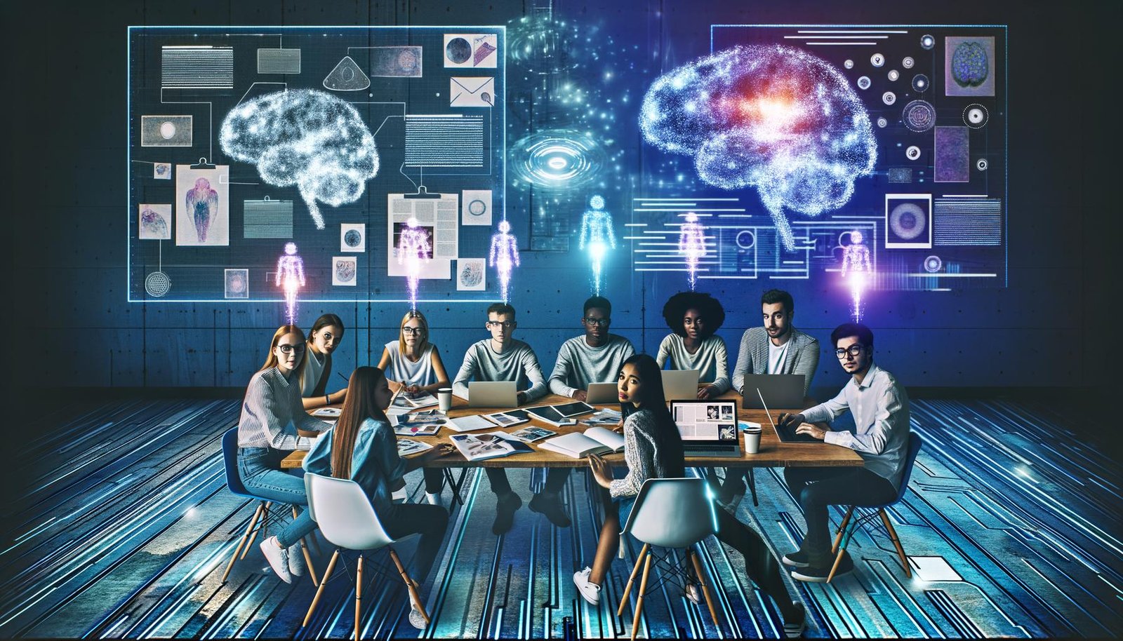 Junge kreative Menschen arbeiten gemeinsam an Laptops und Tablets, umgeben von holografischen Schnittstellen, KI-generierten Inhalten und pulsierenden neuronalen Netzwerken in einem futuristischen Redaktionsraum.