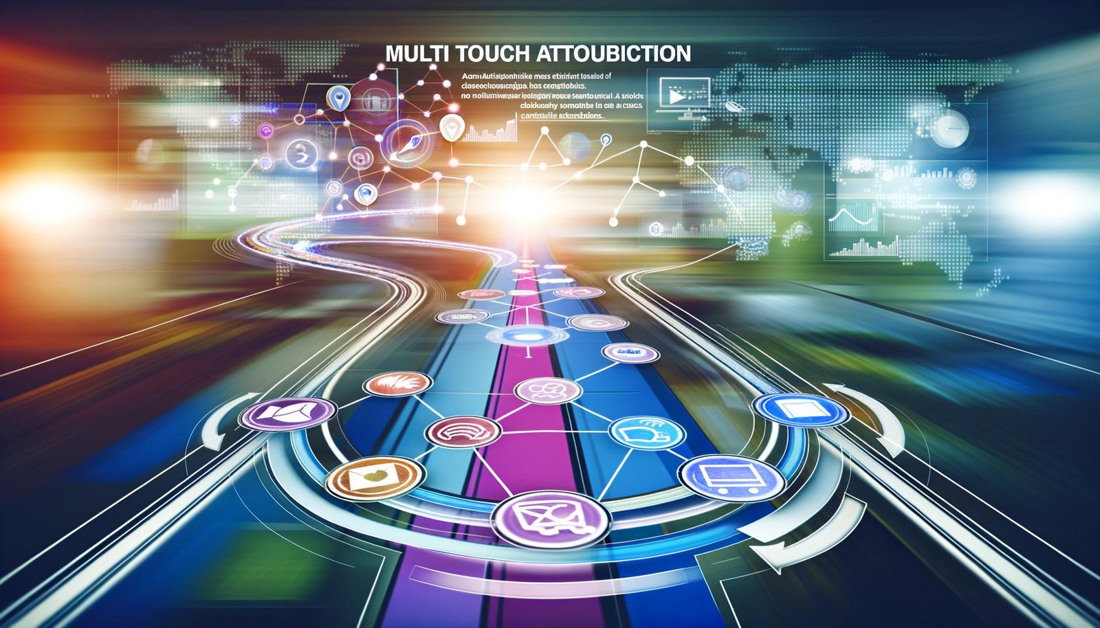 Modernes Titelbild mit glühender Customer Journey Map als Datenstrahl, umgeben von Marketing-Icons wie Ads, Social Media, E-Mail, Einkaufswagen und Analytics-Diagrammen, dazu Verbindungslinien und Neon-Headlines zur Multi Touch Attribution.