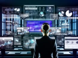 Ein gestresster Marketer an mehreren Bildschirmen mit überladenen Dashboards. Im Fokus steht ein aufgeräumtes Dashboard mit wenigen, präzisen KPIs wie Conversion Rate, ROAS und CLV, während ringsum chaotische Datenvisualisierungen sichtbar sind.