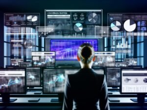Ein gestresster Marketer an mehreren Bildschirmen mit überladenen Dashboards. Im Fokus steht ein aufgeräumtes Dashboard mit wenigen, präzisen KPIs wie Conversion Rate, ROAS und CLV, während ringsum chaotische Datenvisualisierungen sichtbar sind.