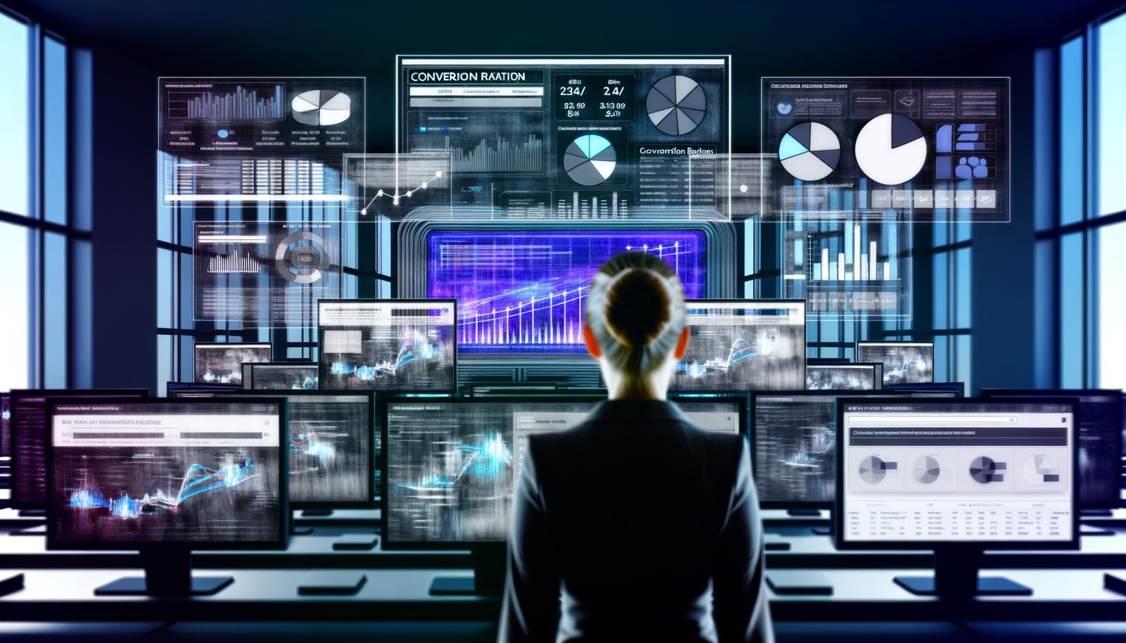 Ein gestresster Marketer an mehreren Bildschirmen mit überladenen Dashboards. Im Fokus steht ein aufgeräumtes Dashboard mit wenigen, präzisen KPIs wie Conversion Rate, ROAS und CLV, während ringsum chaotische Datenvisualisierungen sichtbar sind.