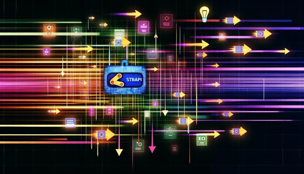 Grafik mit Strapi als Headless CMS Knotenpunkt, von dem neonfarbene Datenströme zu statischen HTML-Seiten fließen, umgeben von SEO-Symbolen und Icons für Geschwindigkeit und Sicherheit.