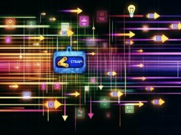Grafik mit Strapi als Headless CMS Knotenpunkt, von dem neonfarbene Datenströme zu statischen HTML-Seiten fließen, umgeben von SEO-Symbolen und Icons für Geschwindigkeit und Sicherheit.