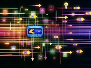 Grafik mit Strapi als Headless CMS Knotenpunkt, von dem neonfarbene Datenströme zu statischen HTML-Seiten fließen, umgeben von SEO-Symbolen und Icons für Geschwindigkeit und Sicherheit.