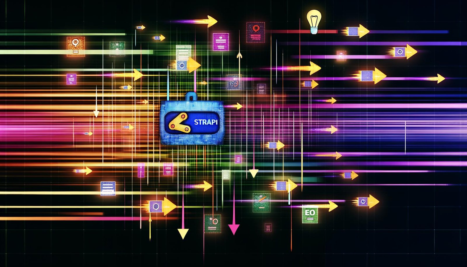 Grafik mit Strapi als Headless CMS Knotenpunkt, von dem neonfarbene Datenströme zu statischen HTML-Seiten fließen, umgeben von SEO-Symbolen und Icons für Geschwindigkeit und Sicherheit.