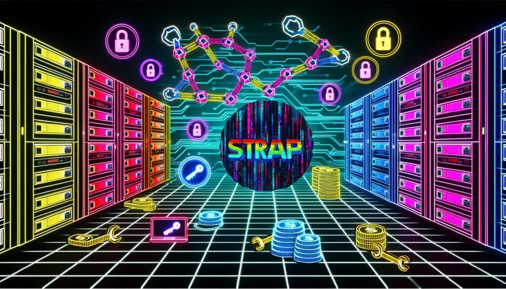 Futuristischer Serverraum verbindet sich mit einem bunten, neonleuchtenden Web3-Universum, in dessen Zentrum ein stilisiertes Strapi-Logo auf einen Matrix-artigen Blockchain-Strom trifft, umgeben von Wallet- und Smart Contract-Symbolen.