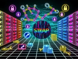 Futuristischer Serverraum verbindet sich mit einem bunten, neonleuchtenden Web3-Universum, in dessen Zentrum ein stilisiertes Strapi-Logo auf einen Matrix-artigen Blockchain-Strom trifft, umgeben von Wallet- und Smart Contract-Symbolen.