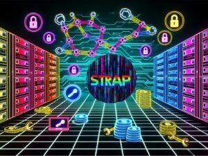 Futuristischer Serverraum verbindet sich mit einem bunten, neonleuchtenden Web3-Universum, in dessen Zentrum ein stilisiertes Strapi-Logo auf einen Matrix-artigen Blockchain-Strom trifft, umgeben von Wallet- und Smart Contract-Symbolen.