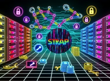 Futuristischer Serverraum verbindet sich mit einem bunten, neonleuchtenden Web3-Universum, in dessen Zentrum ein stilisiertes Strapi-Logo auf einen Matrix-artigen Blockchain-Strom trifft, umgeben von Wallet- und Smart Contract-Symbolen.