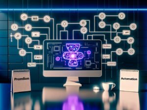Futuristischer Arbeitsplatz mit Dashboard, das Webflow CMS-Editor, API-Flows, Automatisierungs-Tools und AI Content Engine zeigt, Notizblöcke und blau-lilane Lichter im Hintergrund.