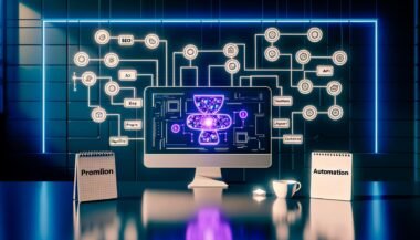 Futuristischer Arbeitsplatz mit Dashboard, das Webflow CMS-Editor, API-Flows, Automatisierungs-Tools und AI Content Engine zeigt, Notizblöcke und blau-lilane Lichter im Hintergrund.