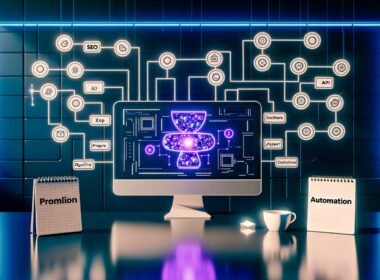 Futuristischer Arbeitsplatz mit Dashboard, das Webflow CMS-Editor, API-Flows, Automatisierungs-Tools und AI Content Engine zeigt, Notizblöcke und blau-lilane Lichter im Hintergrund.