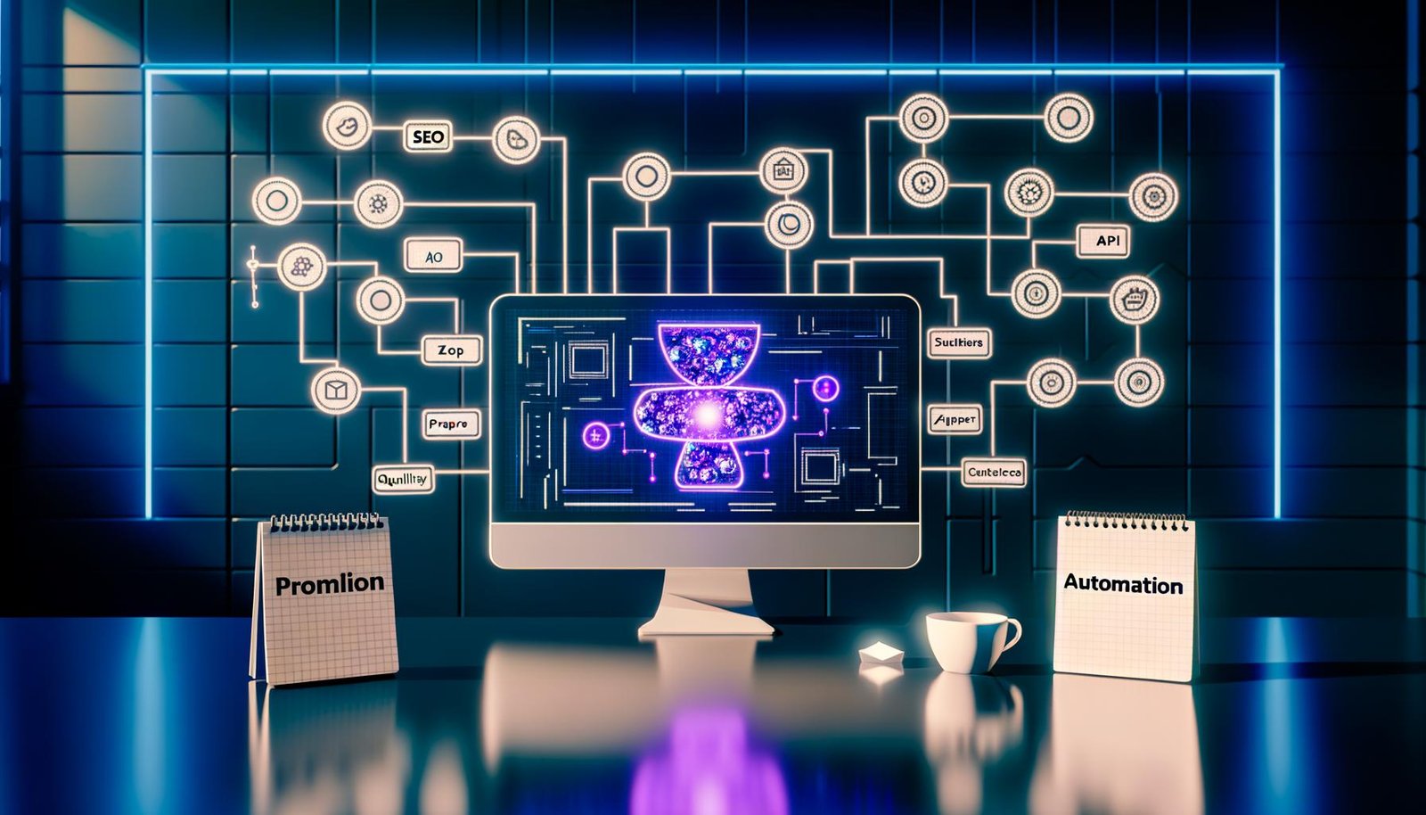 Futuristischer Arbeitsplatz mit Dashboard, das Webflow CMS-Editor, API-Flows, Automatisierungs-Tools und AI Content Engine zeigt, Notizblöcke und blau-lilane Lichter im Hintergrund.