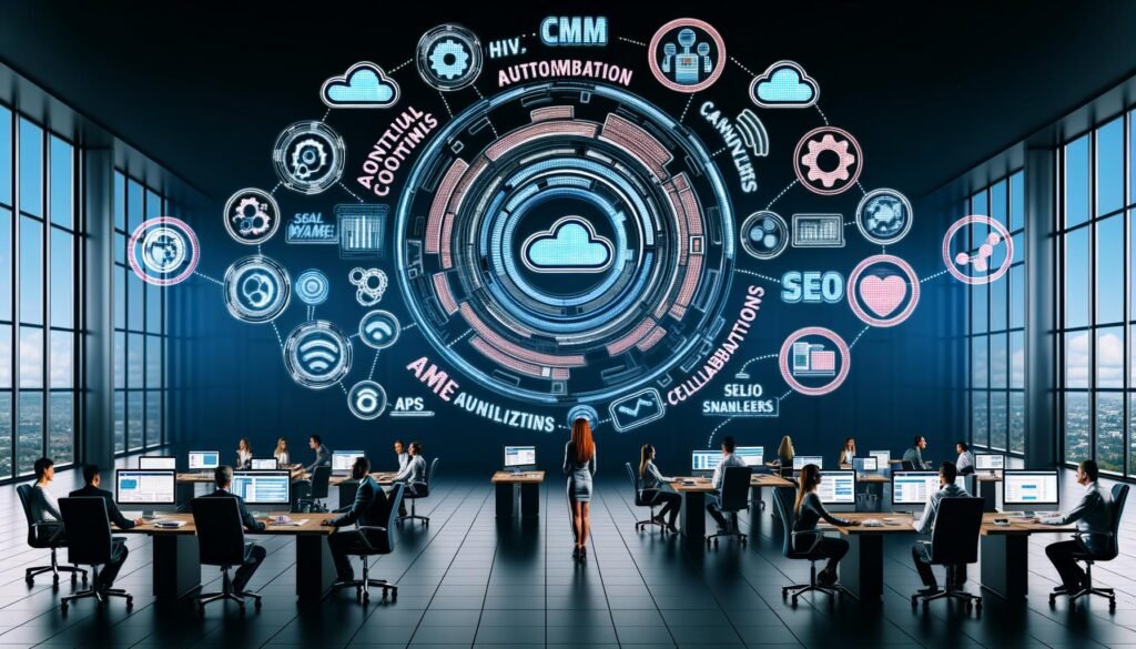 Illustration einer digitalen Content-Maschine mit Dashboard, verknüpften Tools, schwebenden Icons, Arbeitsrollen und professionellen Workflow-Stationen im futuristischen Look.