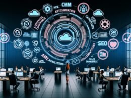 Illustration einer digitalen Content-Maschine mit Dashboard, verknüpften Tools, schwebenden Icons, Arbeitsrollen und professionellen Workflow-Stationen im futuristischen Look.