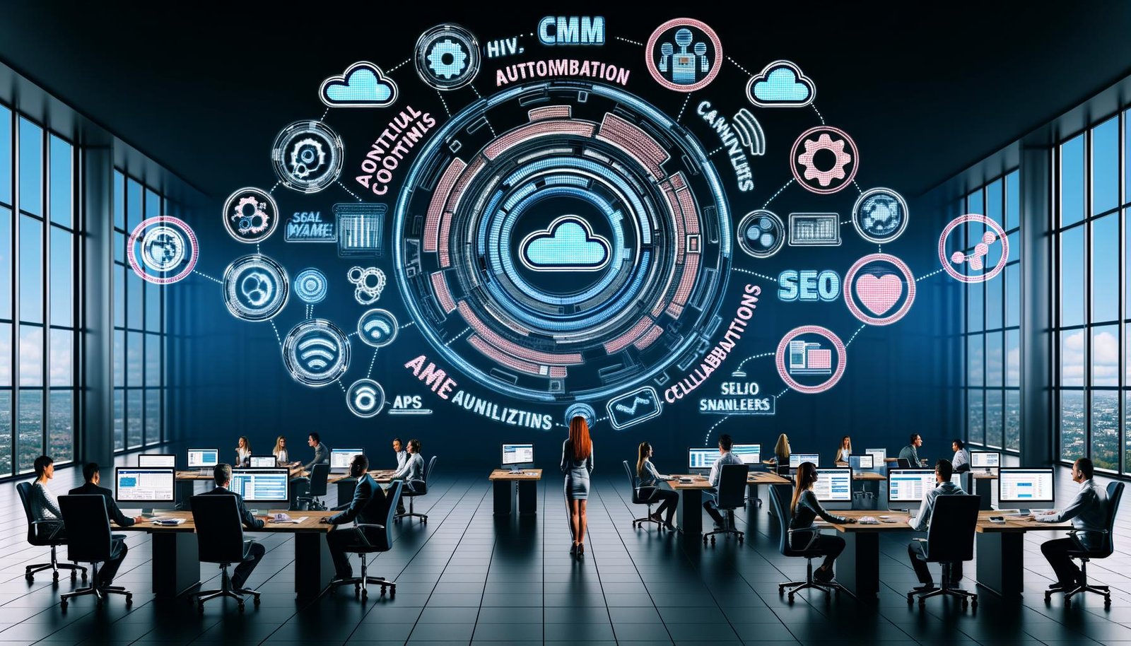 Illustration einer digitalen Content-Maschine mit Dashboard, verknüpften Tools, schwebenden Icons, Arbeitsrollen und professionellen Workflow-Stationen im futuristischen Look.