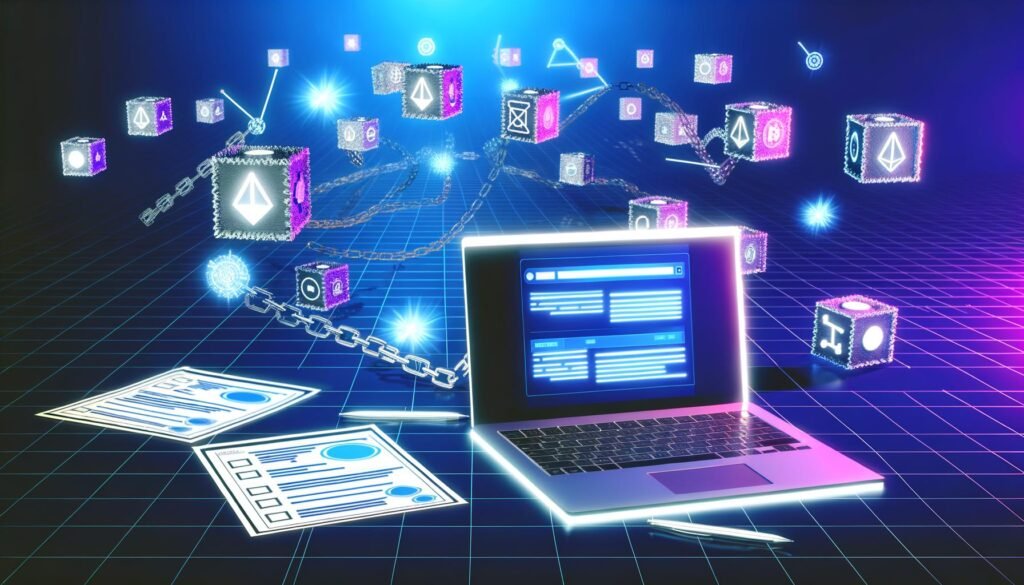 Modernes Workspace-Szenario mit Laptop, Webflow-Interface und schwebenden 3D-Blockchain-Symbolen, beleuchtet von blauen und violetten Lichtakzenten, sowie technischen Diagrammen und Checklisten.
