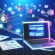 Modernes Workspace-Szenario mit Laptop, Webflow-Interface und schwebenden 3D-Blockchain-Symbolen, beleuchtet von blauen und violetten Lichtakzenten, sowie technischen Diagrammen und Checklisten.