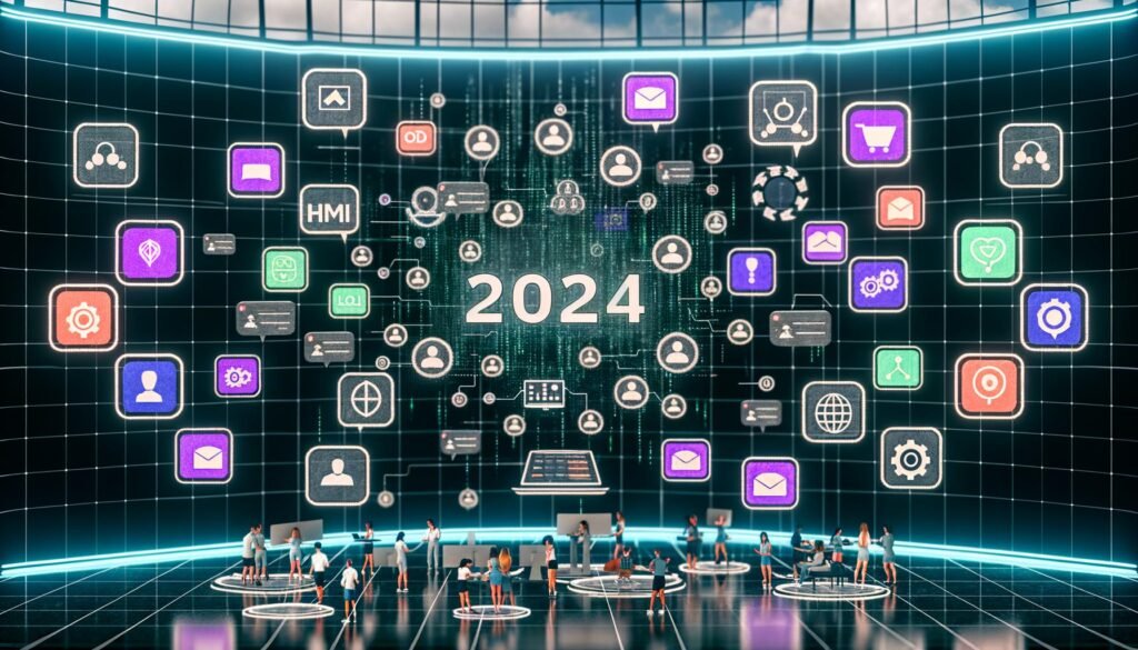 Futuristisches Konzeptbild einer Content Creator Plattform 2024 mit digitalem Dashboard, Creators, KI, Datenanalyse und Plattformlogos.
