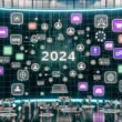 Futuristisches Konzeptbild einer Content Creator Plattform 2024 mit digitalem Dashboard, Creators, KI, Datenanalyse und Plattformlogos.